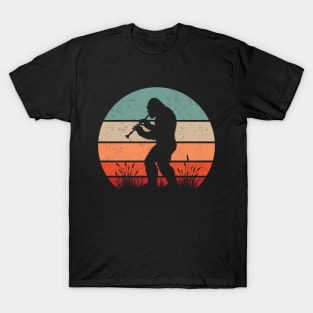 Bigfoot Sasquatch Playing The Recorder Vintage Sunset Music Lover T-Shirt